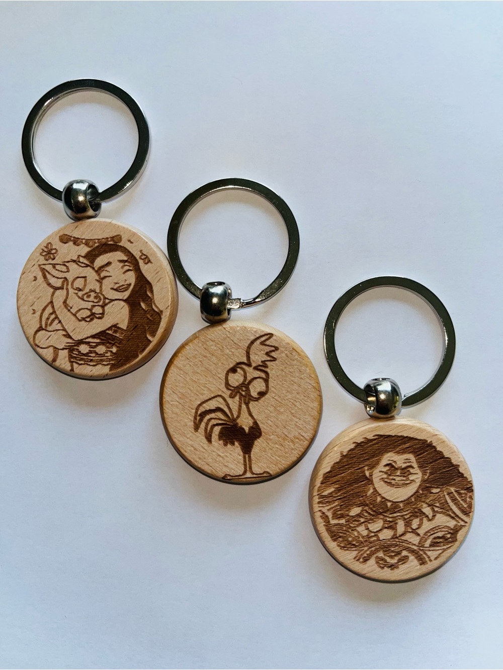 Set of 3… engraved Wooden Character Keychain Set - Natural Wood
